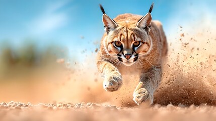 Obraz premium Captivating image of a desert lynx caracal leaping dramatically through the air its powerful legs and tufted ears creating a majestic almost regal appearance against a minimalist background