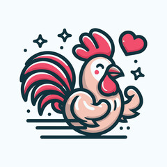 omantic Rooster Cute Farm Animal with Love Theme Cartoon Illustration Mascot Logo Vector