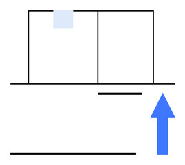 Blue arrow pointing upward below outlined rectangles and lines suggesting lift or motion. Ideal for growth, progress, direction, steps, innovation, achievements, flat simple metaphor