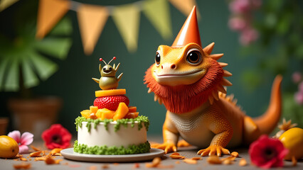 A bearded dragon in a party hat enjoys a tropical birthday with a fruit-and-insect cake, palm-leaf bunting, and colorful flowers in a festive, cheerful setting.