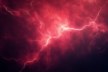 Dynamic abstract composition of red lightning bolts forming intricate patterns against stark black background high voltage energy concept