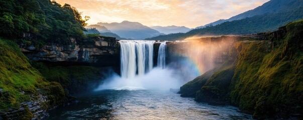 Fototapeta premium Rainbow waterfall landscapes pristine concept. A stunning waterfall cascading into a serene river under a colorful sunset sky.