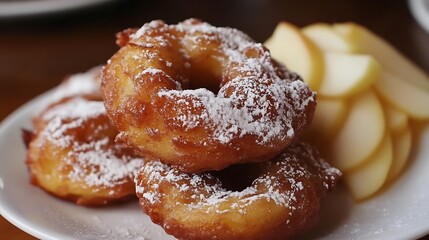 Homemade glazed apple fritters with cinnamon and apples