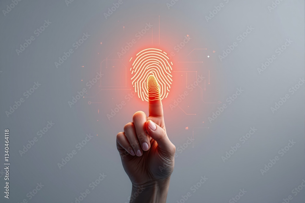 Poster Futuristic fingerprint scan technology with glowing biometric authentication on human finger.