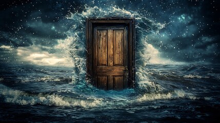 Door submerged in the ocean leading to an unknown world