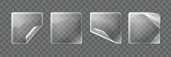Transparent plastic sticker set - square wrinkled adhesive labels with peeled, lifted and folded corner effects. Blank glossy clear decals or price tags. Realistic 3d vector product design mockup.