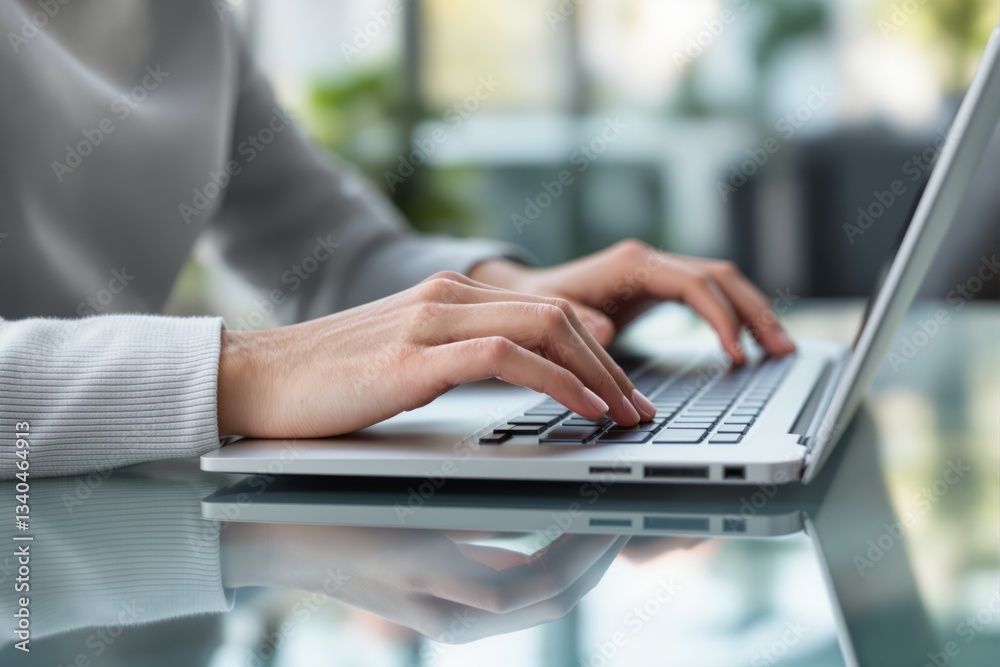 Poster close-up of hands typing on a laptop keyboard in a modern office environment.