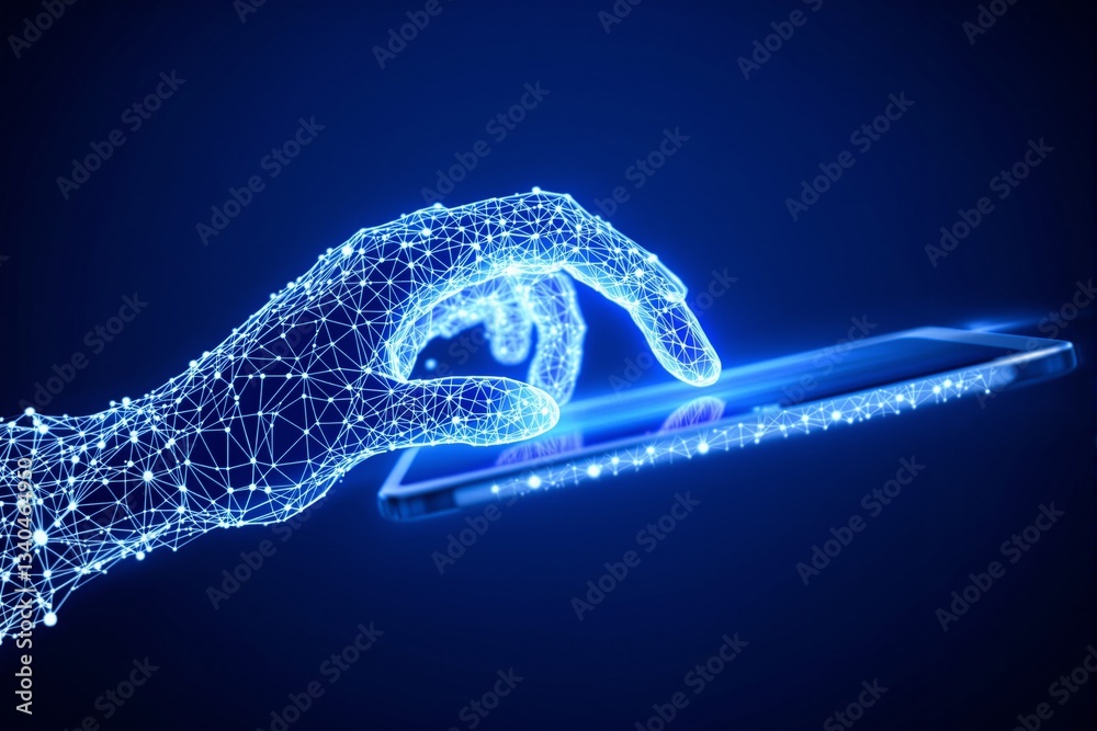 Poster futuristic digital hand interacting with a touchscreen device.