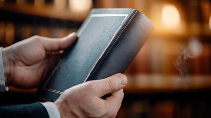 Old book held in hands with a warm, blurred background.
