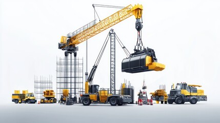 Construction site, heavy machinery, cranes, workers, building under construction, 3D render, stock photo