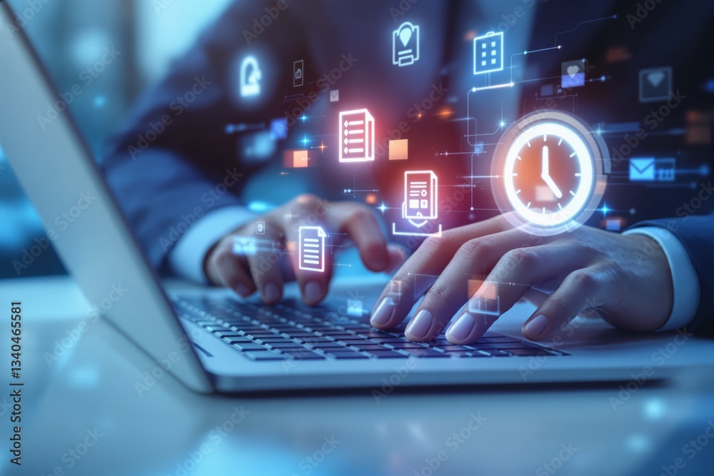 Poster Business professional using laptop with futuristic digital icons floating, representing workflow automation and technology-driven productivity.