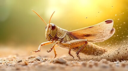 Obraz premium Rare shot of a sand colored grasshopper leaping into the air its wings unfolding against the golden desert sky capturing the beauty and movement of this captivating wildlife scene