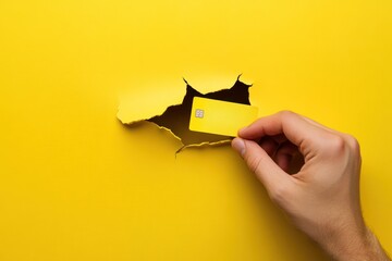 A creative shot of a male hand inserting a bank card into a torn yellow backdrop, representing the convenience of online payment methods.