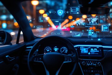 Futuristic smart car dashboard with augmented reality interface.