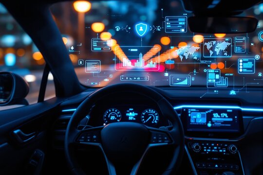 Futuristic smart car dashboard with augmented reality interface.