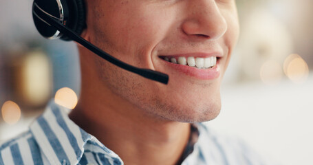 Virtual assistant, face closeup and man with headset in office for customer support, online help and talking. Call center business, consultant and person for communication, contact and crm service