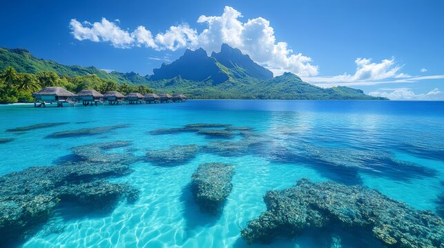 Bora bora mount otemanu dominating the turquoise lagoon with overwater bungalows