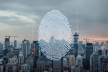 Digital fingerprint over modern cityscape.