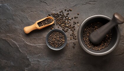 Black peppercorns in mortar
