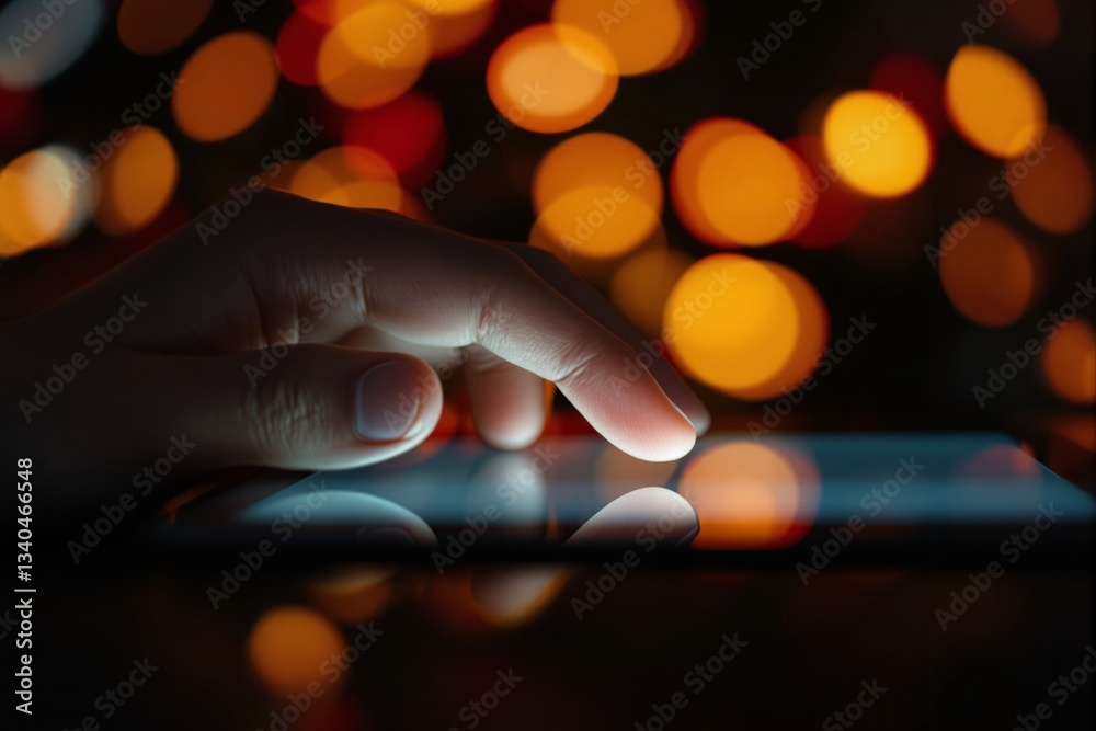 Aufkleber close-up of a hand touching a tablet screen with glowing interface.
