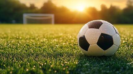 Fototapeta premium Soccer ball resting on wet grass at sunset in a soccer field