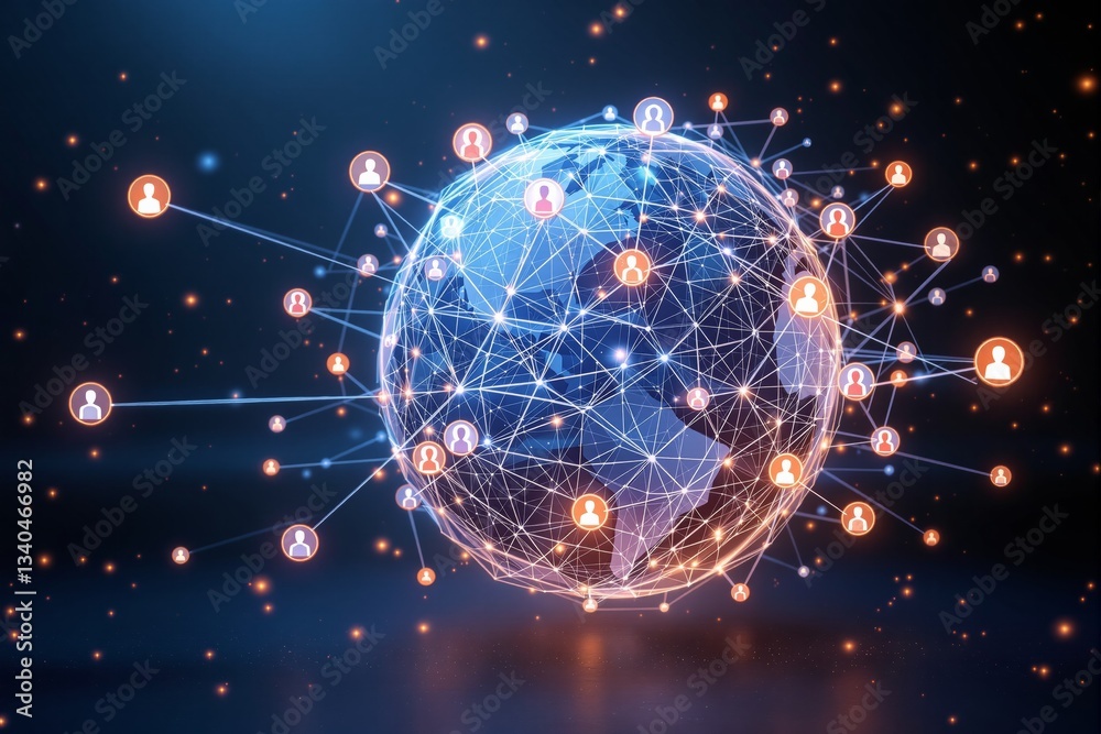 Poster Global digital network with interconnected nodes forming a sphere.