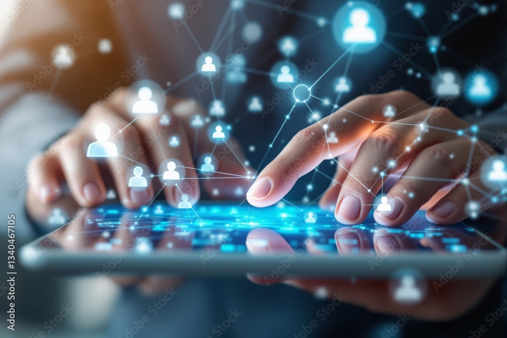 Poster digital networking concept with hands interacting on a futuristic touchscreen device.