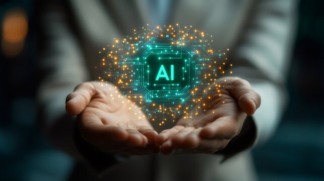 Businesswoman holding futuristic artificial intelligence icon in augmented reality - Powered by Adobe