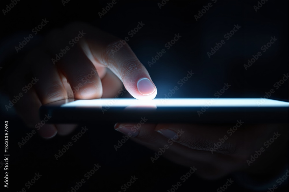 Poster close-up of a hand touching a glowing smartphone screen in the dark.