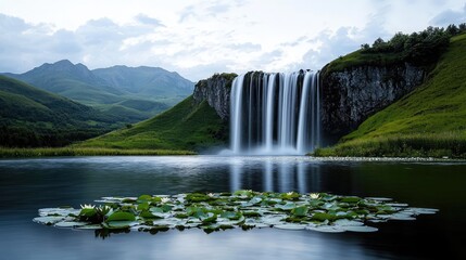 Fototapeta premium Water lily pond landscapes harmony concept. A serene waterfall cascading into a tranquil lake surrounded by lush greenery.
