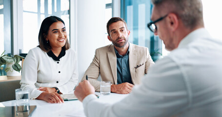 Fototapeta premium Business, meeting and people talking in office of brainstorming, financial planning and company. Staff, discussion and documents for finance growth, investment report and feedback idea of opportunity