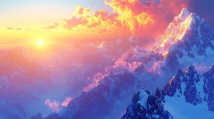 Majestic sunset over snow-capped alpine peaks. Aerial view. Stock photo