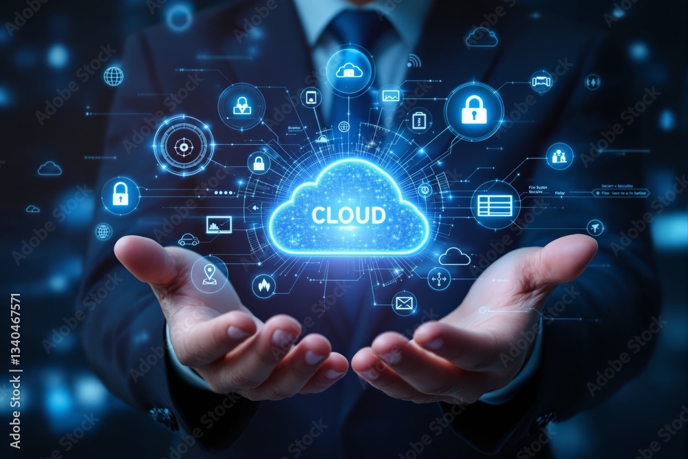 Poster businessman holding a glowing cloud computing icon with digital network connections.