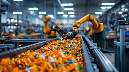 Naklejka premium Robotic Arms Sorting Colorful Plastic Waste in Modern Recycling Facility with Bright Industrial Lighting and Efficient Machinery