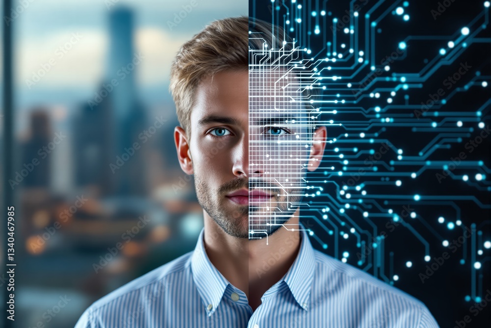 Poster futuristic concept of human and artificial intelligence integration.