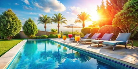 Summer Poolside Relaxation: Clear Blue Water, Sun Loungers, and Refreshing Drinks