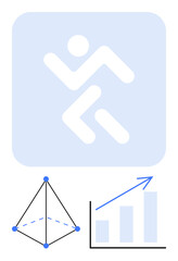 Abstract human figure conveys activity or motion, geometric pyramid for structure or balance, bar chart with arrow suggests growth or success. Ideal for business, analytics, fitness, innovation