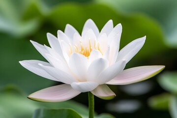 White water lily blooming in a pond with green leaves