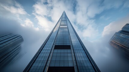 Fototapeta premium Dramatic Perspective of a Tall Modern Skyscraper Peeking Through Clouds and Fog Under a Blue Sky with Striking Reflection on Glass Facade