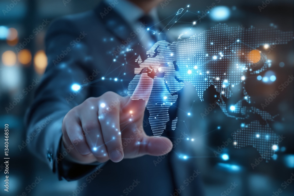 Poster businessman touching digital world map with glowing network connections.