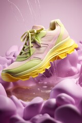 Vibrant pastel sneaker on purple abstract backdrop.