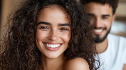Smiling woman with curly hair in focus, man in background smiling