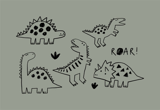 Cute cartoon hand drawn Dino. Sketch, doodle stile, vector illustration for kids. Cartoon Dosaur 