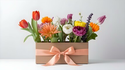 A still life photograph features a rectangular cardboard box filled with a vibrant assortment of flowers, set against a plain white background.