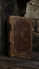 Fototapeta premium Ancient leather-bound book on wooden table.