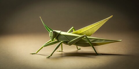Minimalist Origami Grasshopper: Studio Shot of Paper Insect on Solid Background