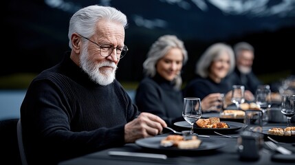 group of elderly people enjoying meal together outdoors, surrounded by nature