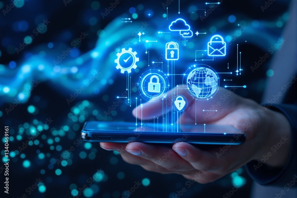 Poster cybersecurity technology with digital icons above smartphone.