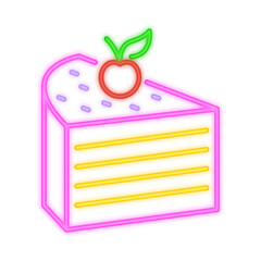 A glowing neon illustration of a layered cake slice with a cherry, green leaves, and berries on top, symbolizing desserts, sweets, and celebrations