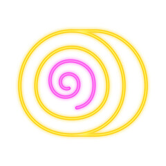 A glowing neon illustration of a Swiss roll cake with a pink spiral filling, representing delicious pastries, desserts, and baked treats